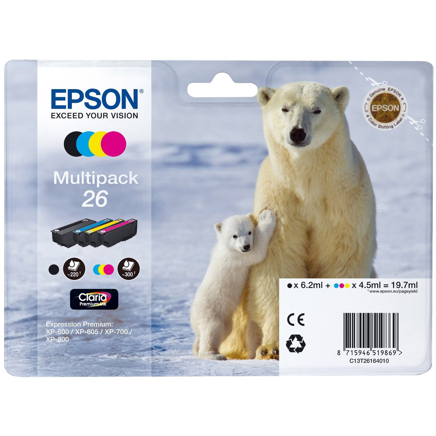 Original Epson 26 CMYK Multipack Ink Cartridges (C13T26164010) T2616 Polar Bear