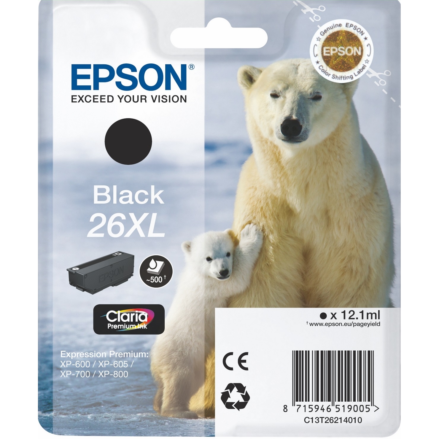Original Epson 26XL Black High Capacity Ink Cartridge (C13T26214010) T2621 Polar Bear
