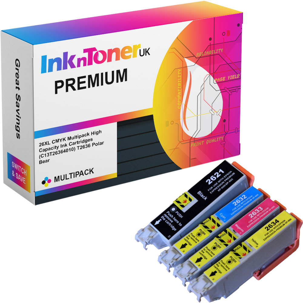 Premium Compatible Epson 26XL CMYK Multipack High Capacity Ink Cartridges (C13T26364010) T2636 Polar Bear