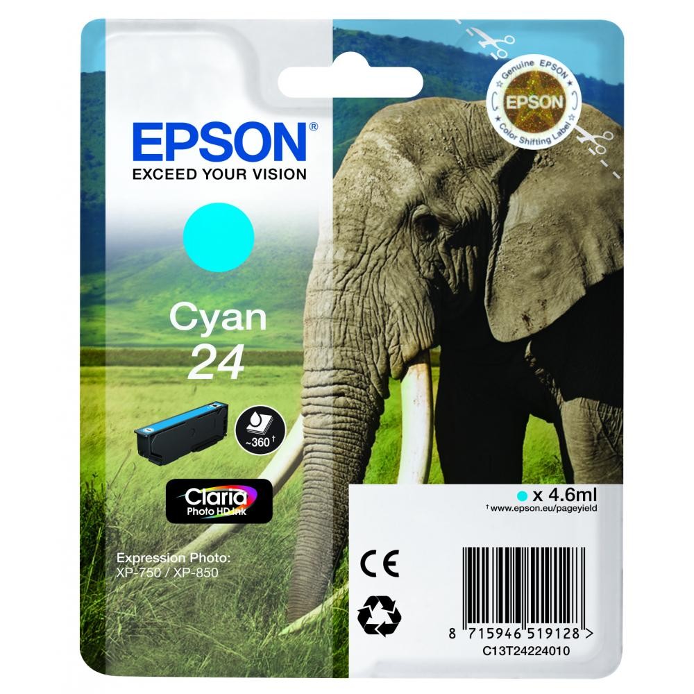 Original Epson 24 Cyan Ink Cartridge (C13T24224010) T2422 Elephant