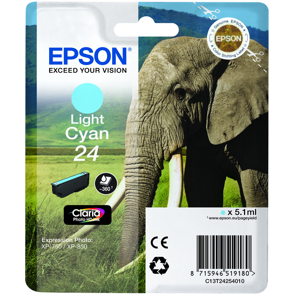 Original Epson 24 Light Cyan Ink Cartridge (C13T24254010) T2425 Elephant