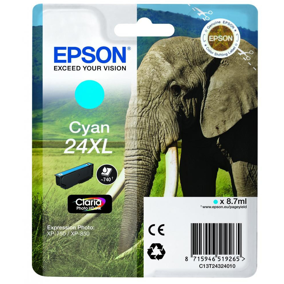 Original Epson 24XL Cyan High Capacity Ink Cartridge (C13T24324010) T2432 Elephant