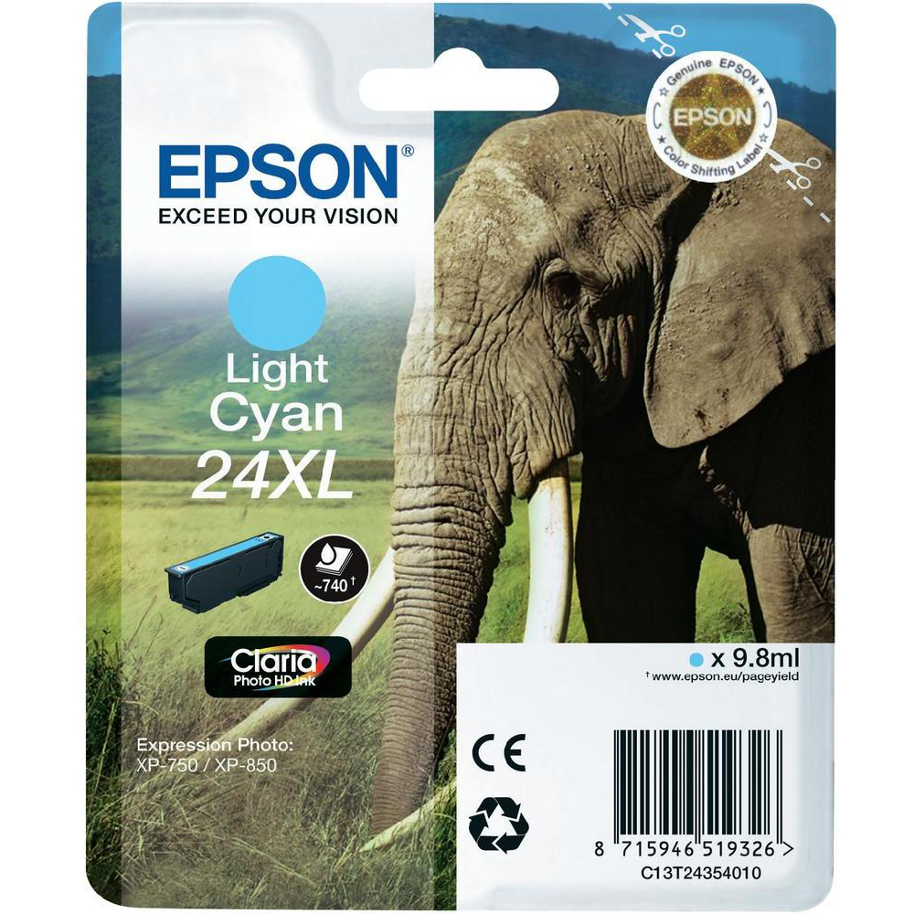 Original Epson 24XL Light Cyan High Capacity Ink Cartridge (C13T24354010) T2435 Elephant