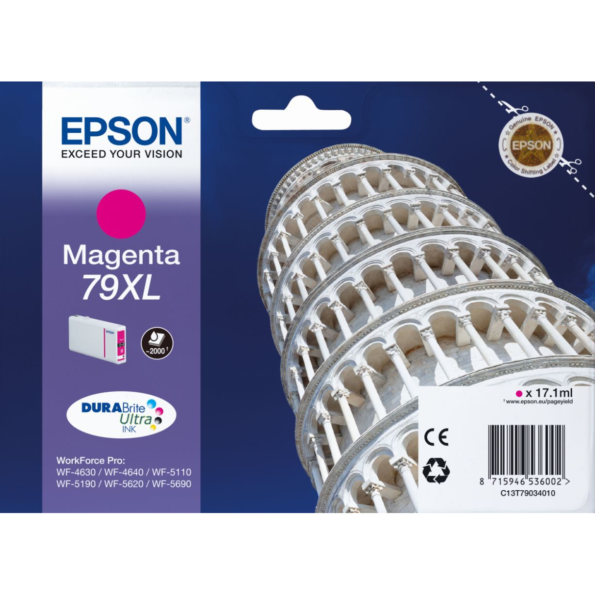 Original Epson 79XL Magenta High Capacity Ink Cartridge (C13T79034010) T7903 Tower of Pisa