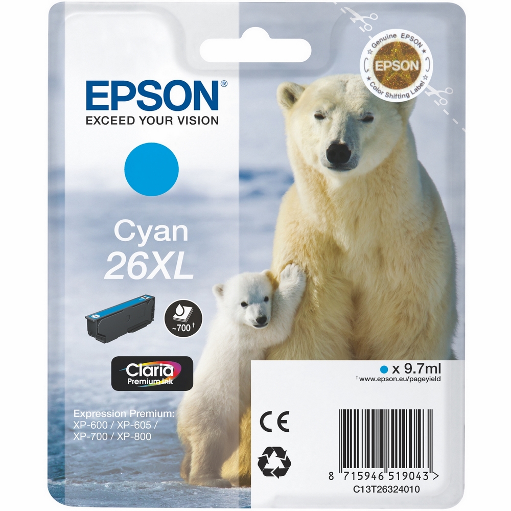Original Epson 26XL Cyan High Capacity Ink Cartridge (C13T26324012) T2632 Polar Bear