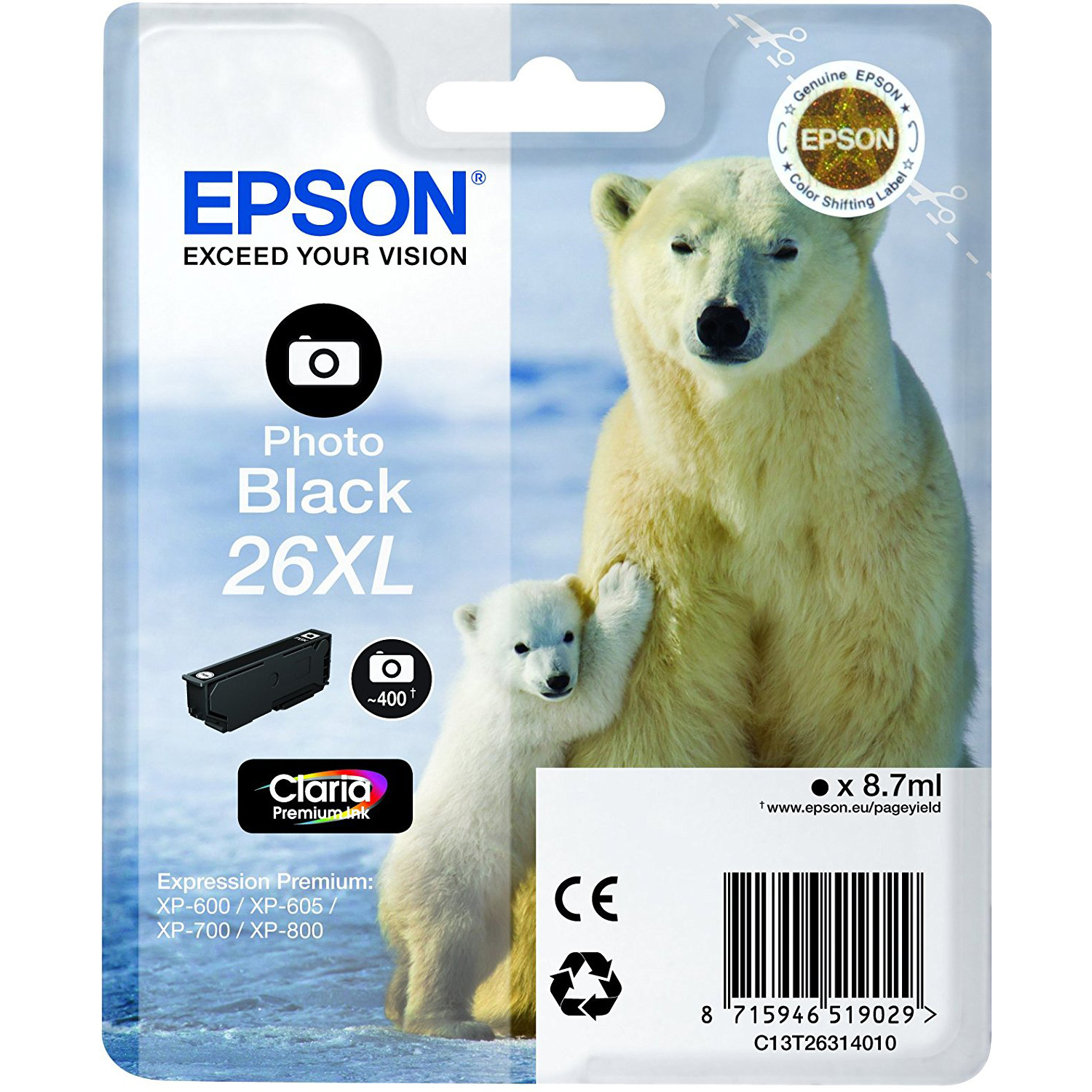 Original Epson 26XL Photo Black High Capacity Ink Cartridge (C13T26314012) T2631 Polar Bear