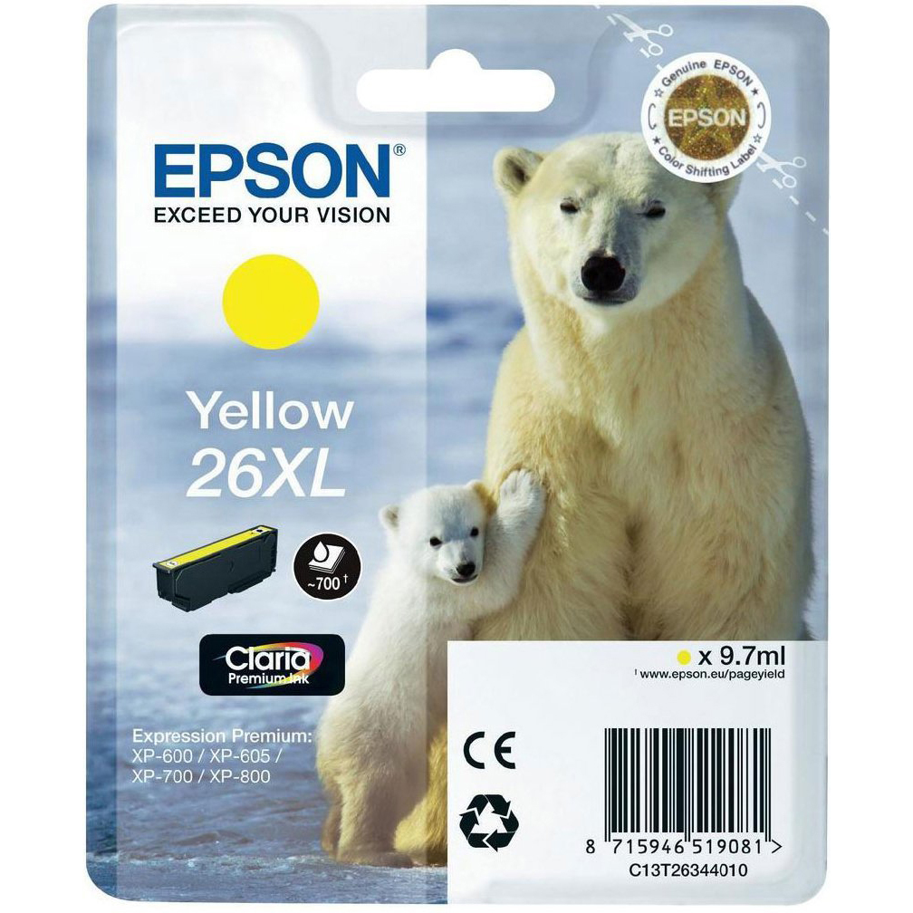 Original Epson 26XL Yellow High Capacity Ink Cartridge (C13T26344012) T2634 Polar Bear