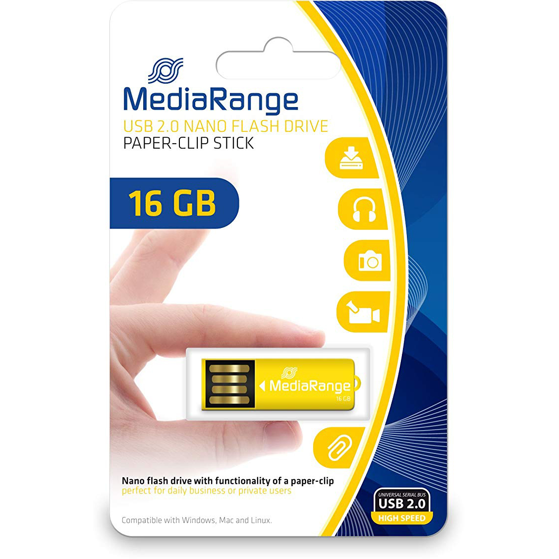 Original MediaRange Nano 16GB Yellow USB 2.0 Paper-Click Stick Flash Drive (MR976)
