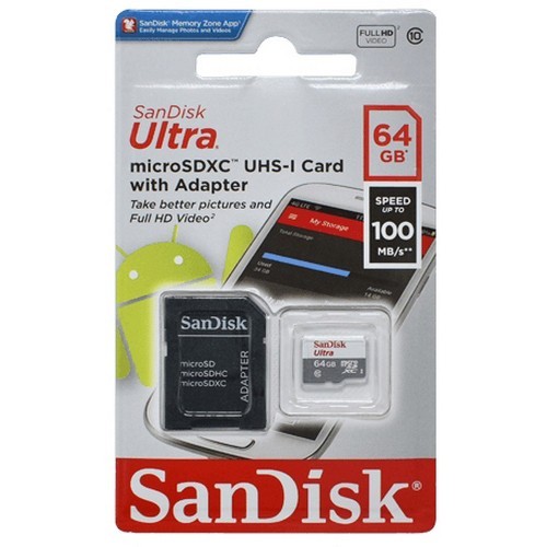 Original Sandisk 64Gb Ultra Light Class 10 100Mbs Microsdxc Memory Card And Adapter (SDSQUNR-064G-GN3MA)