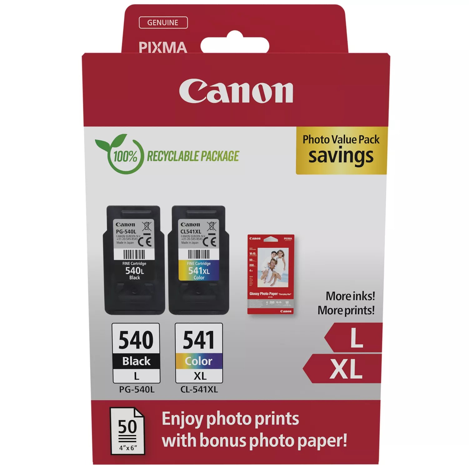 Original Canon PG-540L / CL-541XL Black & Colour Combo Pack High Capacity Ink Cartridges & Photo Paper (5224B012)