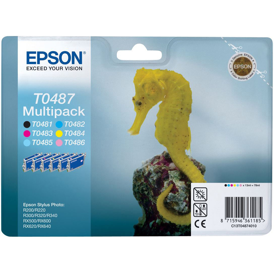 Original Epson T0487 C, M, Y, K, LC, LM Multipack Ink Cartridges (C13T04874010) Seahorse