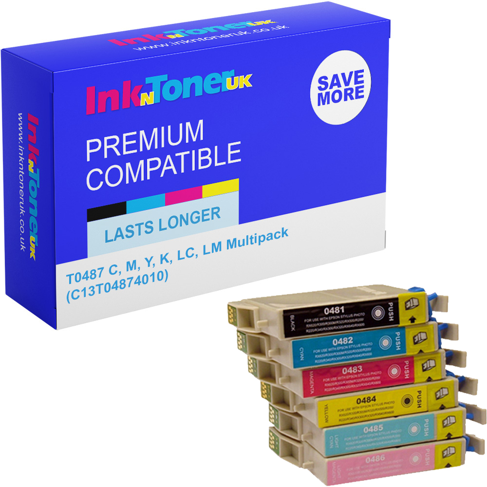 Premium Compatible Epson T0487 C, M, Y, K, LC, LM Multipack Ink Cartridges (C13T04874010) Seahorse