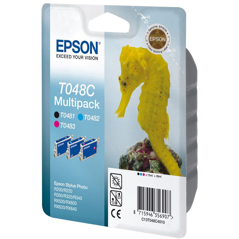 Original Epson T048C Cyan, Magenta, Black Pack Ink Cartridges (C13T048C4010) Seahorse
