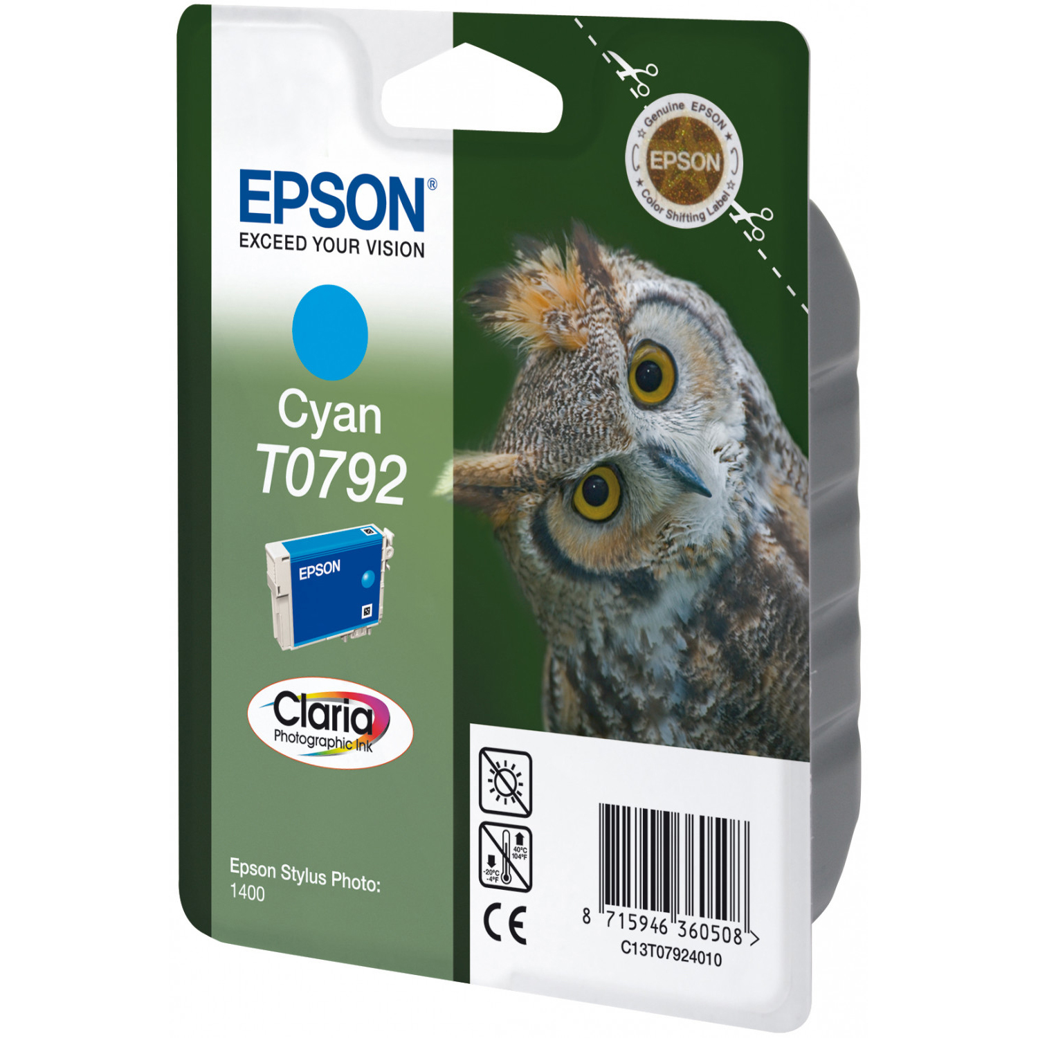 Original Epson T0792 Cyan Ink Cartridge (C13T07924010) Owl