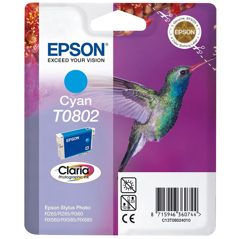 Original Epson T0802 Cyan Ink Cartridge (C13T08024010) Hummingbird