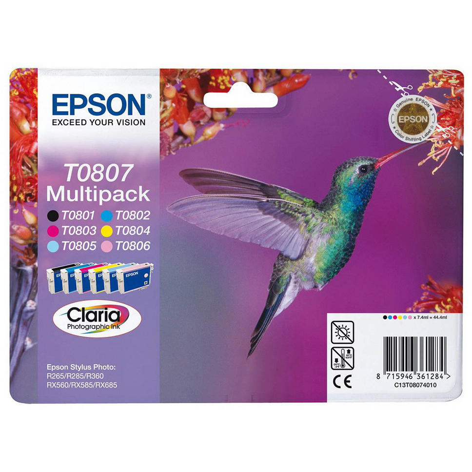 Original Epson T0807 C, M, Y, K, LC, LM Multipack Ink Cartridges (C13T08074011) Hummingbird