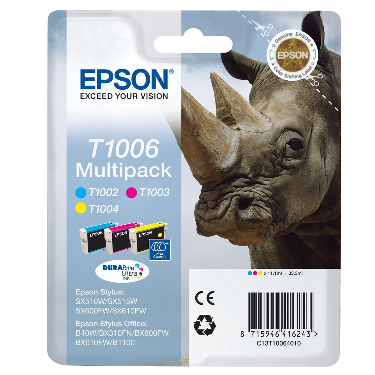 Original Epson T1006 Cyan Magenta Yellow Pack High Capacity Ink Cartridges (C13T10064010) Rhino