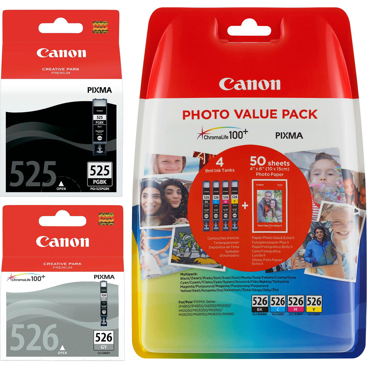 Original Canon PGI-525PGBK / CLI-526 C, M, Y, K, GY Multipack Ink Cartridges & Paper (4529B001 / 4540B017 / 4544B001)