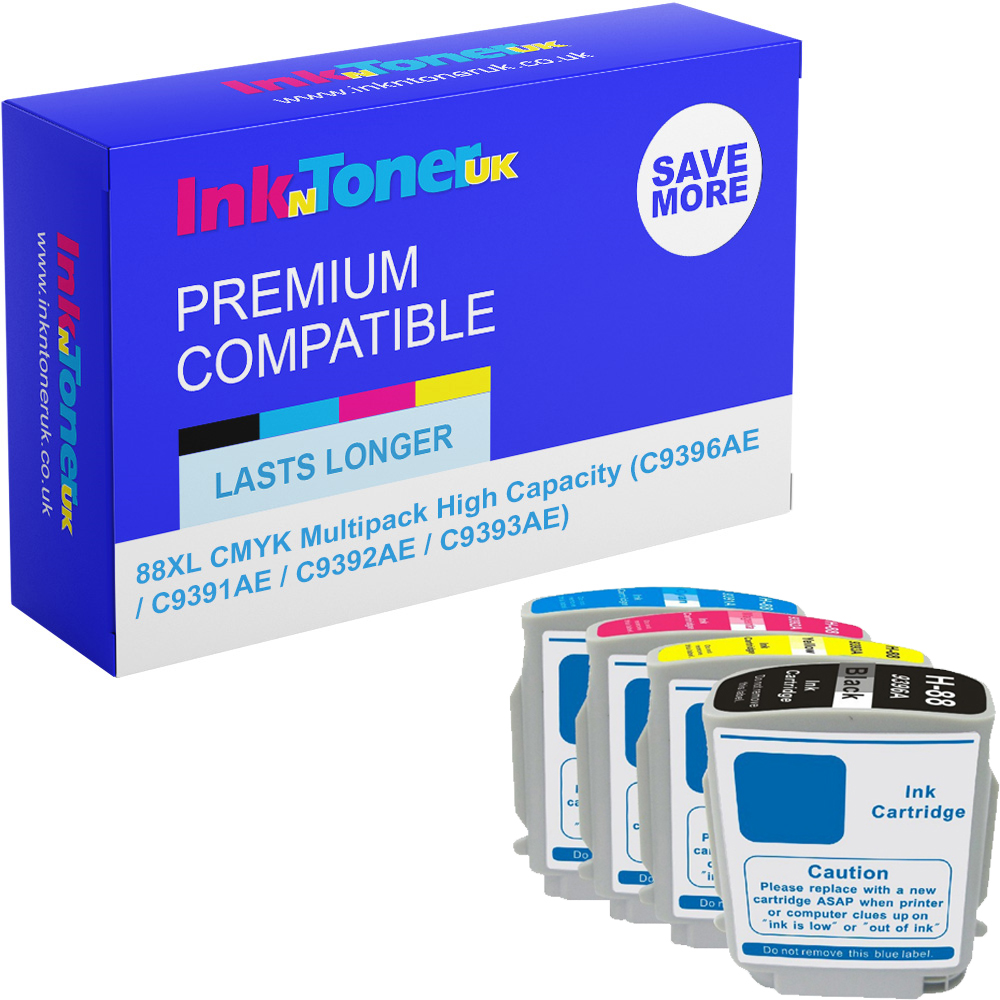 Premium Compatible HP 88XL CMYK Multipack High Capacity Ink Cartridges (C9396AE / C9391AE / C9392AE / C9393AE)