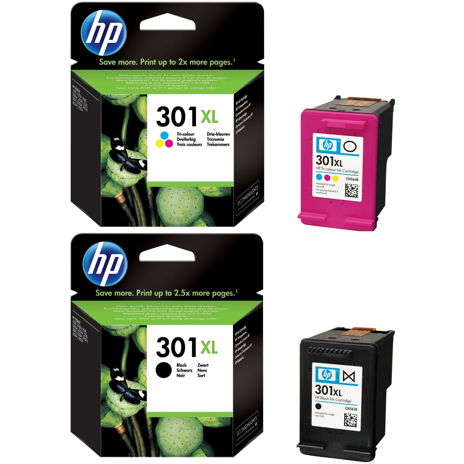 Original HP 301XL Black & Colour Combo Pack High Capacity Ink Cartridges (CH564EE & CH563EE)