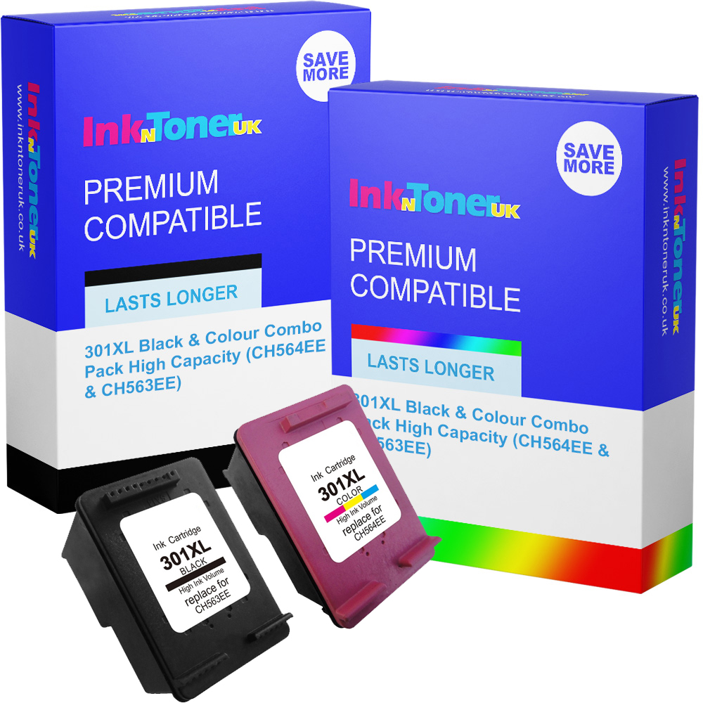 Premium Remanufactured HP 301XL Black & Colour Combo Pack High Capacity Ink Cartridges (CH564EE & CH563EE)