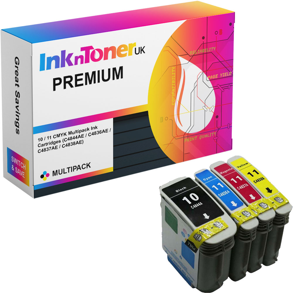 Premium Compatible HP 10 / 11 CMYK Multipack Ink Cartridges (C4844AE / C4836AE / C4837AE / C4838AE)