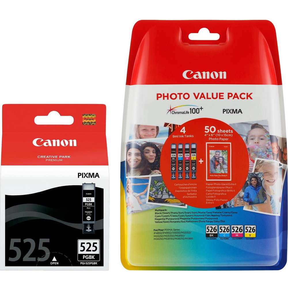 Original Canon PGI-525PGBK / CLI-526 C, M, Y, K Multipack Ink Cartridges & Paper (4529B001 / 4540B017)