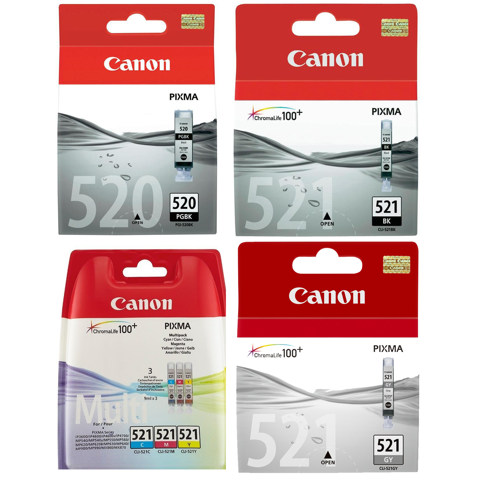Original Canon PGI-520BK / CLI-521 C, M, Y, K, GY Multipack Ink Cartridges (2932B001/ 2933B001/ 2934B010/ 2937B001)