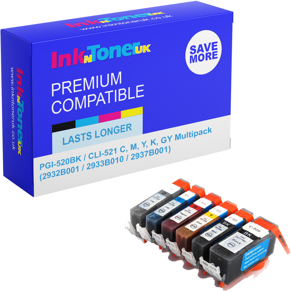Premium Compatible Canon PGI-520BK / CLI-521 C, M, Y, K, GY Multipack Ink Cartridges (2932B001 / 2933B010 / 2937B001)