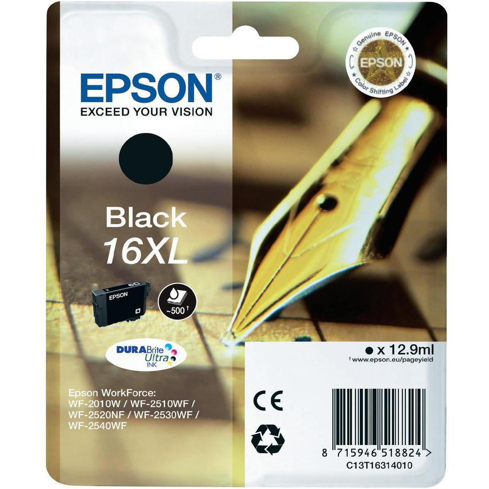 Original Epson 16XL Black High Capacity Ink Cartridge (C13T16314010) T1631 Pen and Crossword