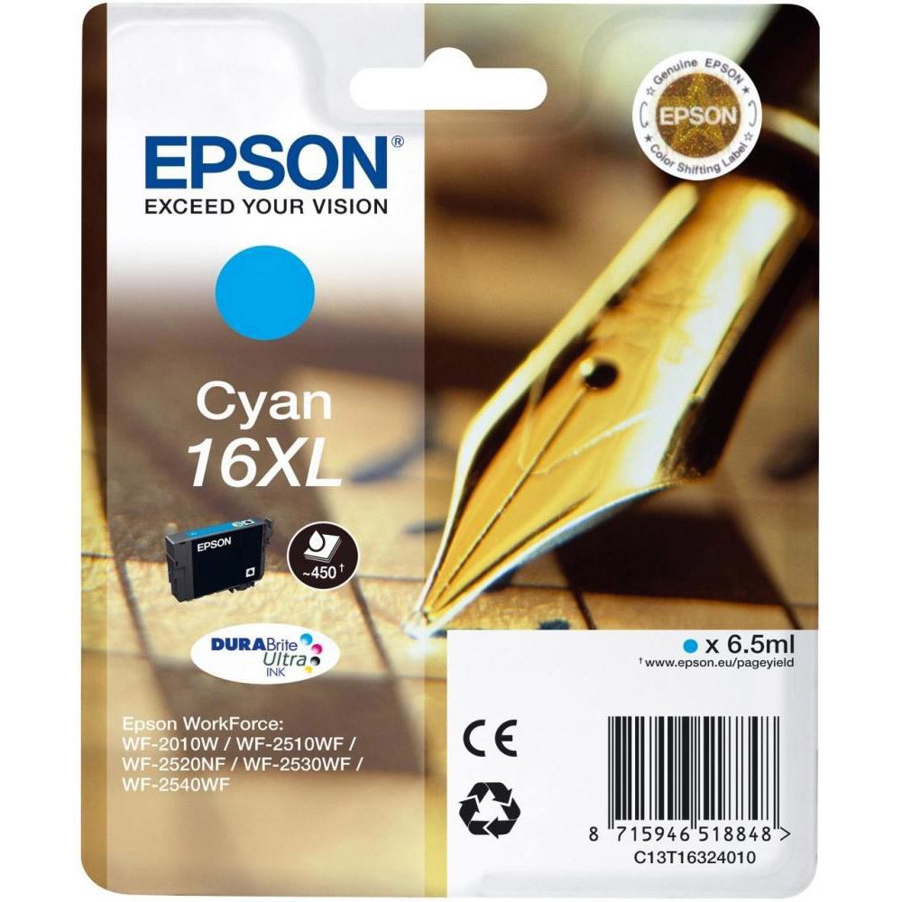 Original Epson 16XL Cyan High Capacity Ink Cartridge (C13T16324010) T1632 Pen and Crossword