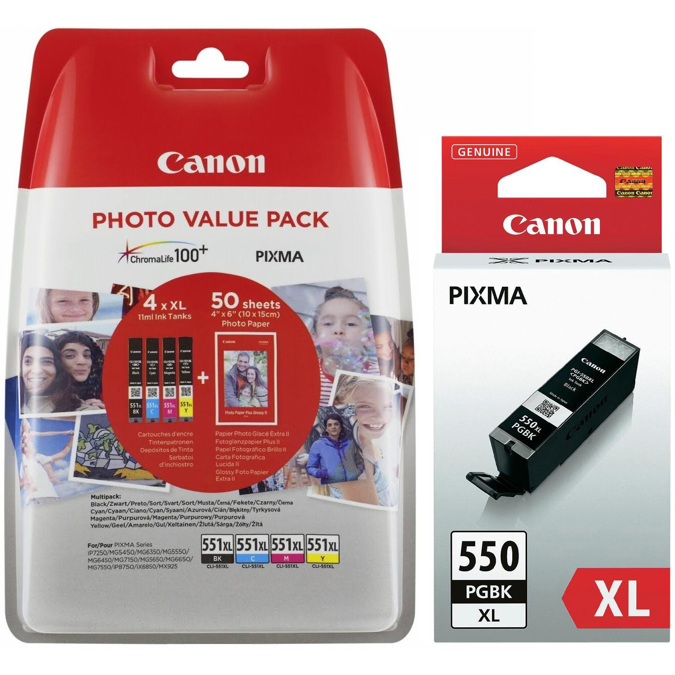 Original Canon PGI-550PGBKXL / CLI-551XL Multipack Set Of 5 High Capacity Ink Cartridges & Paper (PGI-550XL /CLI-551XLBK/C/M/Y)