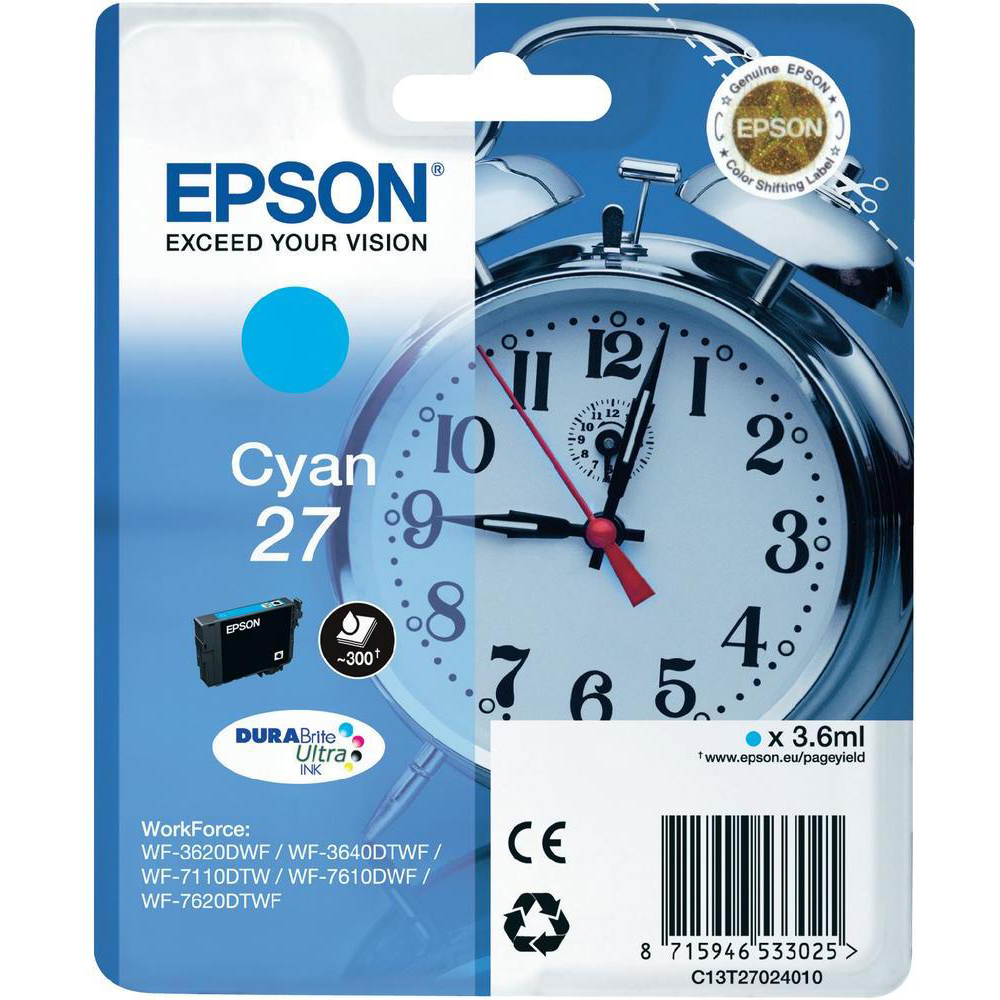 Original Epson 27 Cyan Ink Cartridge (C13T27024010) T2702 Alarm Clock