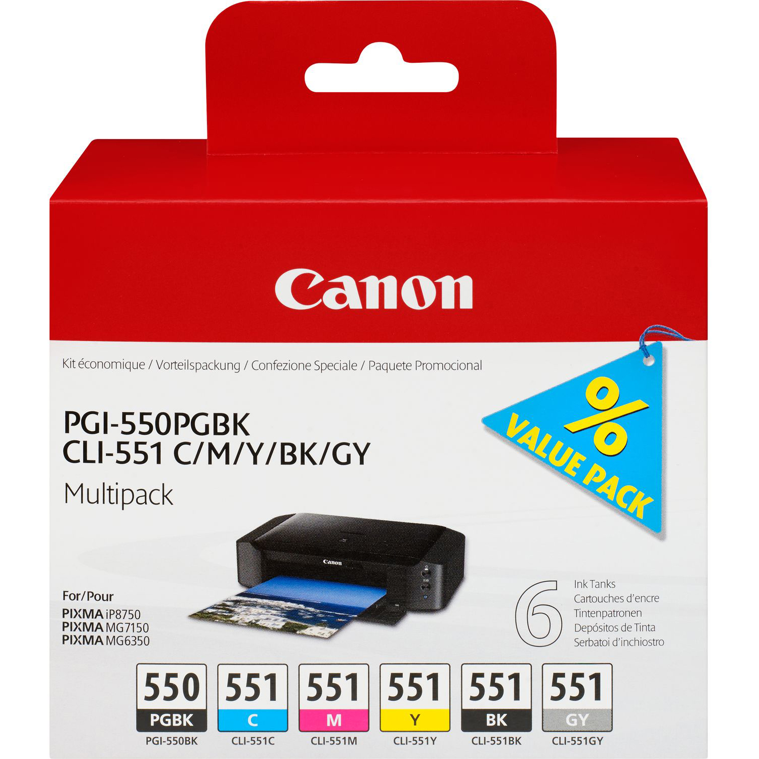 Original Canon PGI-550PGBK / CLI-551 C, M, Y, K, GY Multipack Ink Cartridges (6496B005)