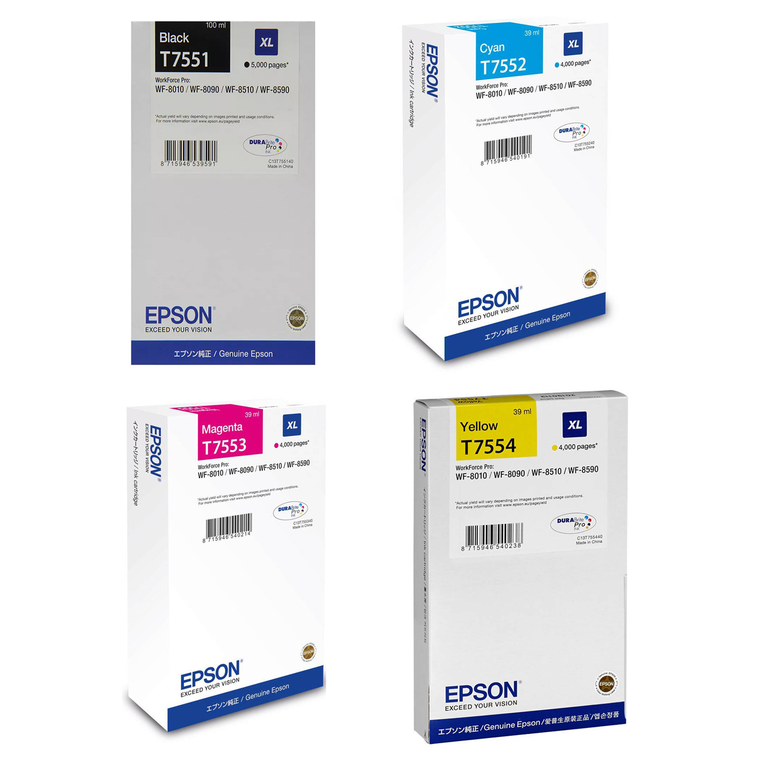 Original Epson T755XL CMYK Multipack High Capacity Ink Cartridges (T7551 / T7552 / T7553 / T7554)
