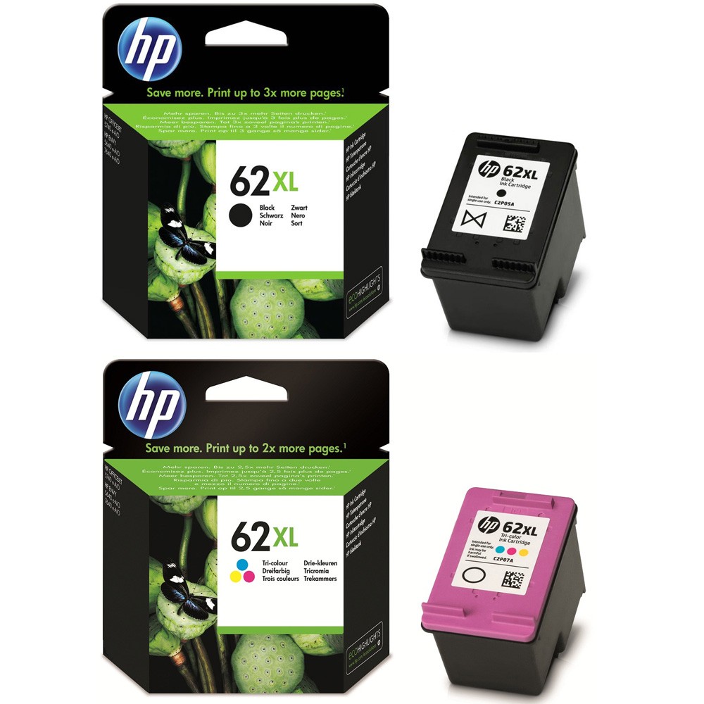 Original HP 62XL Black & Colour Combo Pack High Capacity Ink Cartridges (C2P05AE & C2P07AE)