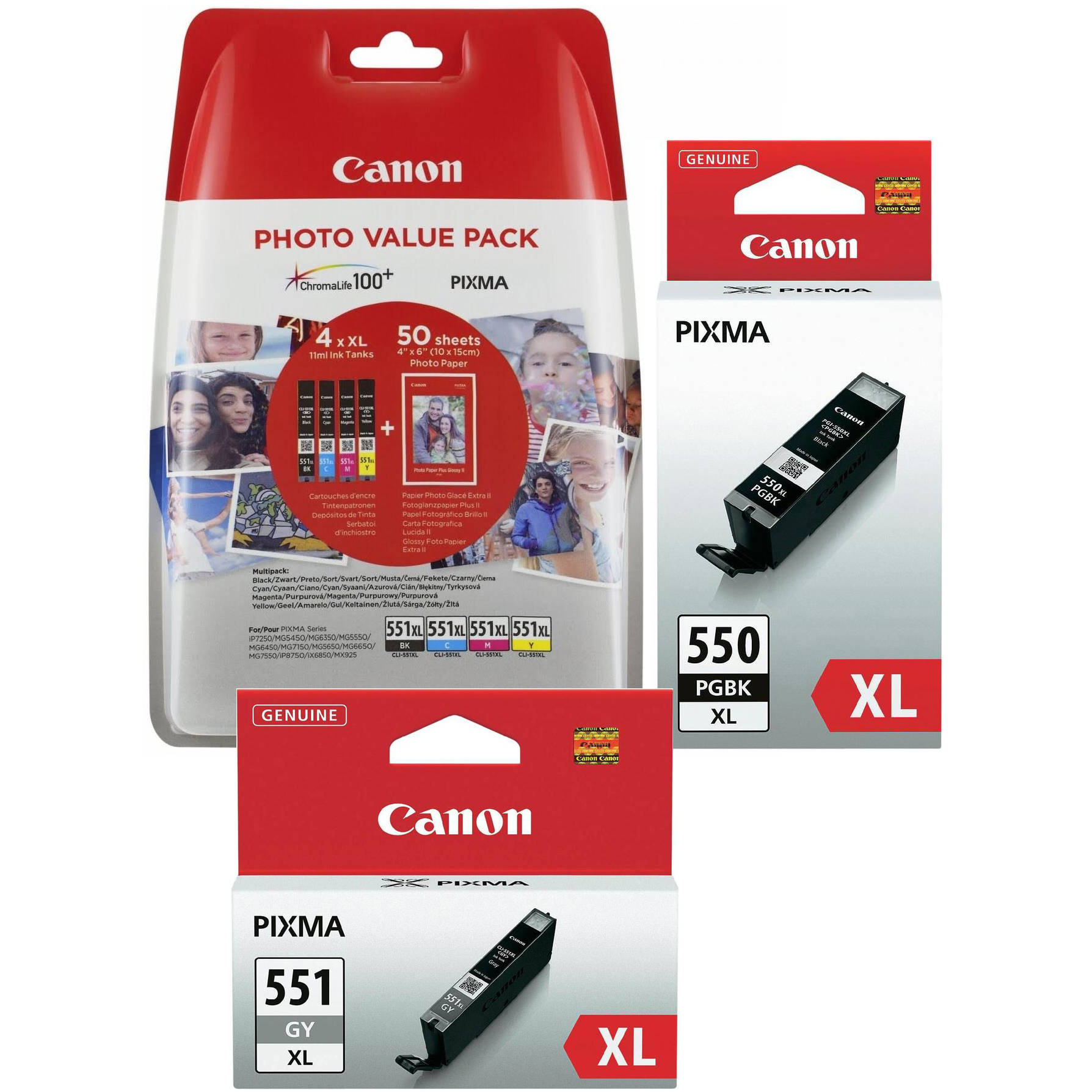 Original Canon PGI-550PGBKXL / CLI-551XL Multipack Set Of 6 High Capacity Ink Cartridges & Paper (PGI-550XL /CLI-551XLBK/C/M/Y/GY)