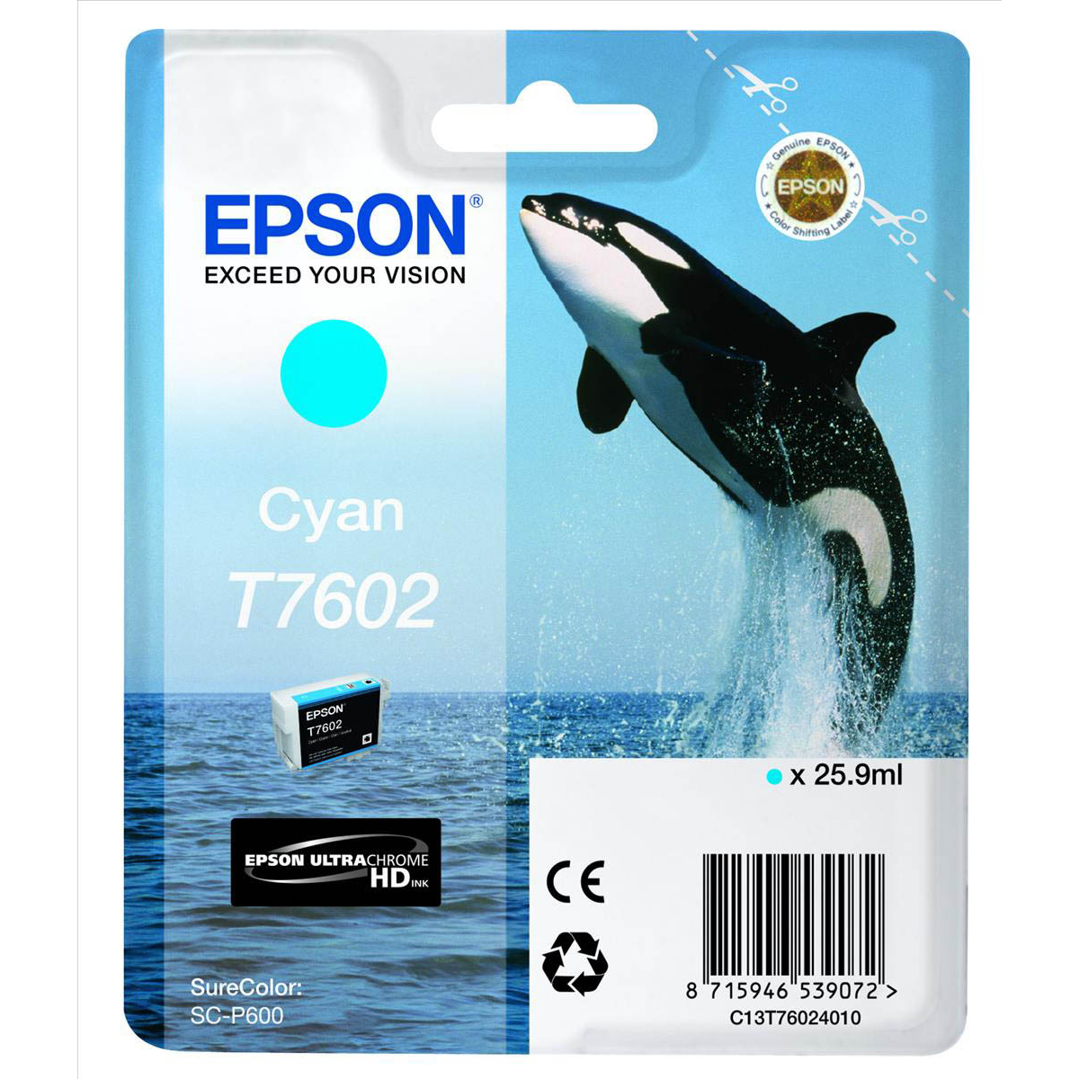 Original Epson T7602 Cyan Ink Cartridge (C13T76024010) Killer Whale