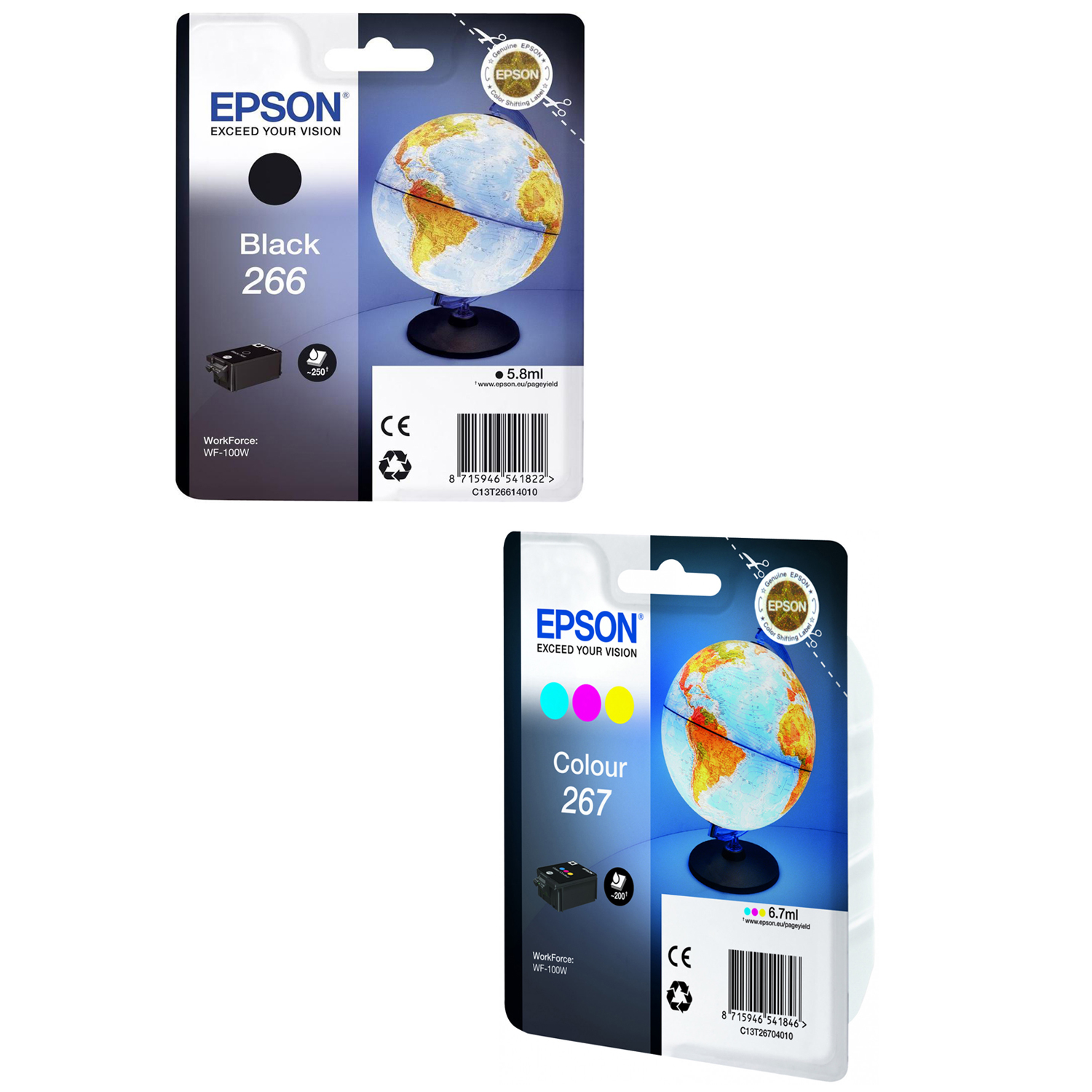 Original Epson 266 / 267 Black & Colour Combo Pack Ink Cartridges (C13T26614010 & C13T26704010) T2661 & T2670 Globe
