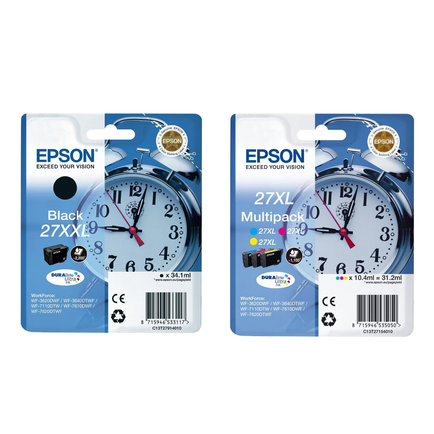 Original Epson 27XXL / 27XL CMYK Multipack Ink Cartridges (C13T27914010 / C13T27154010) T2791 & T2715 Alarm Clock