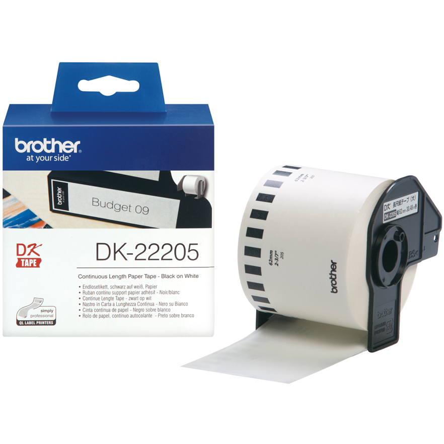 Original Brother DK-22205 Black On White 62mm x 30.48m Continuous Paper Label Roll Tape (DK22205)
