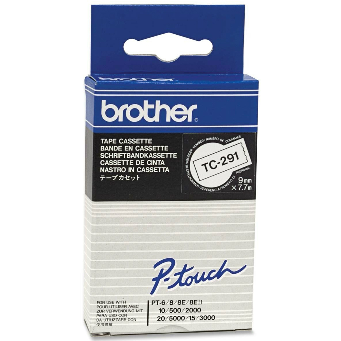 Original Brother TC-291 Black On White 9mm x 7.7m P-Touch Label Tape (TC291)