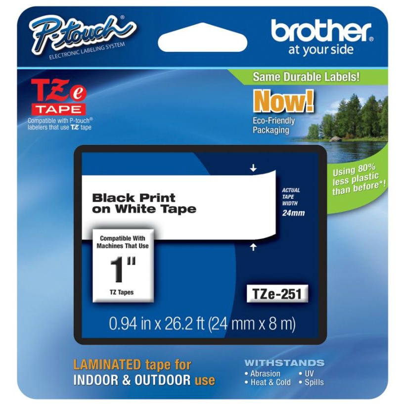 Original Brother TZe-251 Black On White 24mm x 8m Laminated P-Touch Label Tape (TZE251)