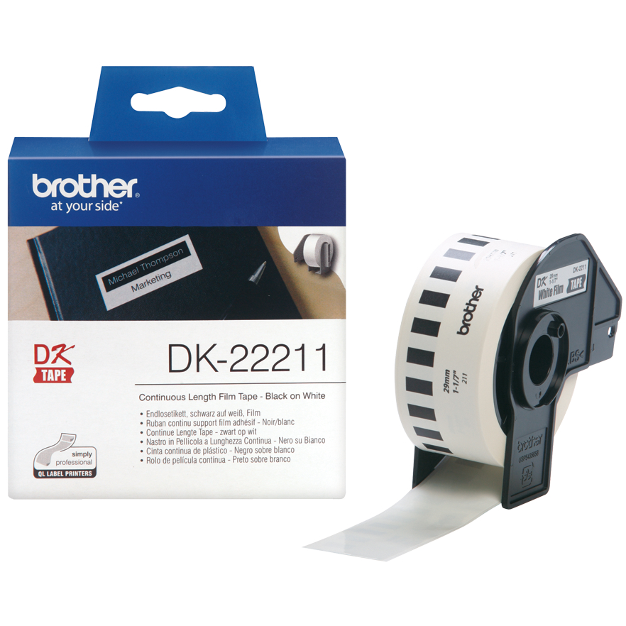 Original Brother DK-22211 Black On White 29mm x 15.24m Continuous White Film Label Tape (DK22211)