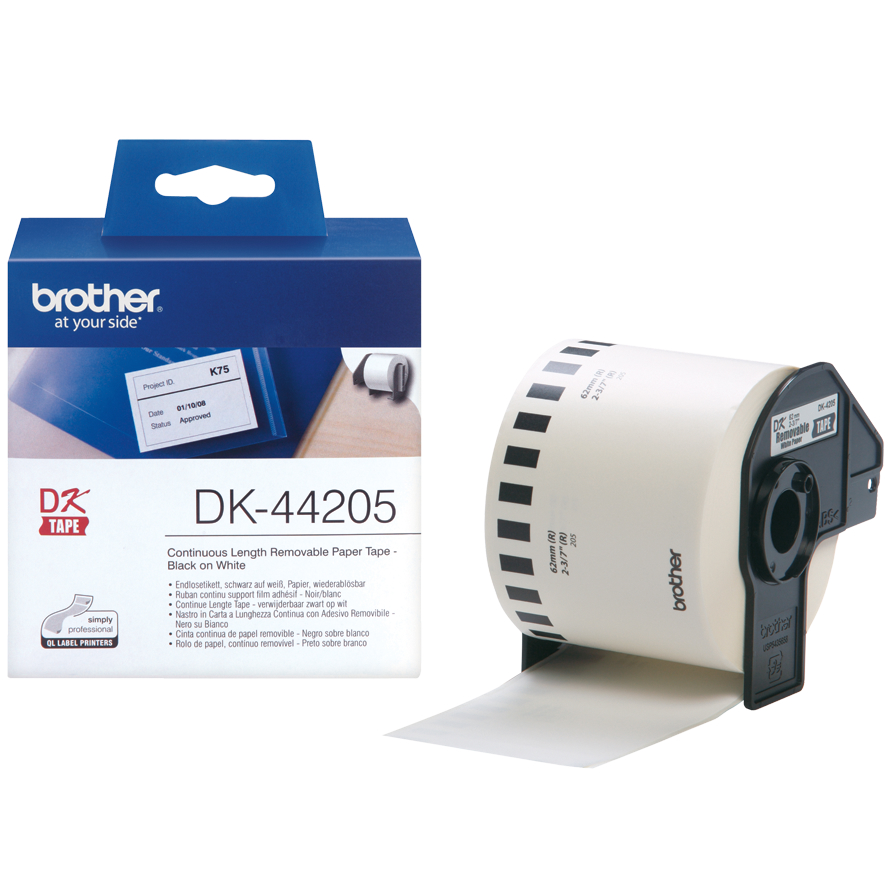 Original Brother DK-44205 Black On White 62mm x 30.48m Removable Adhesive Continuous Paper Label Tape (DK44205)