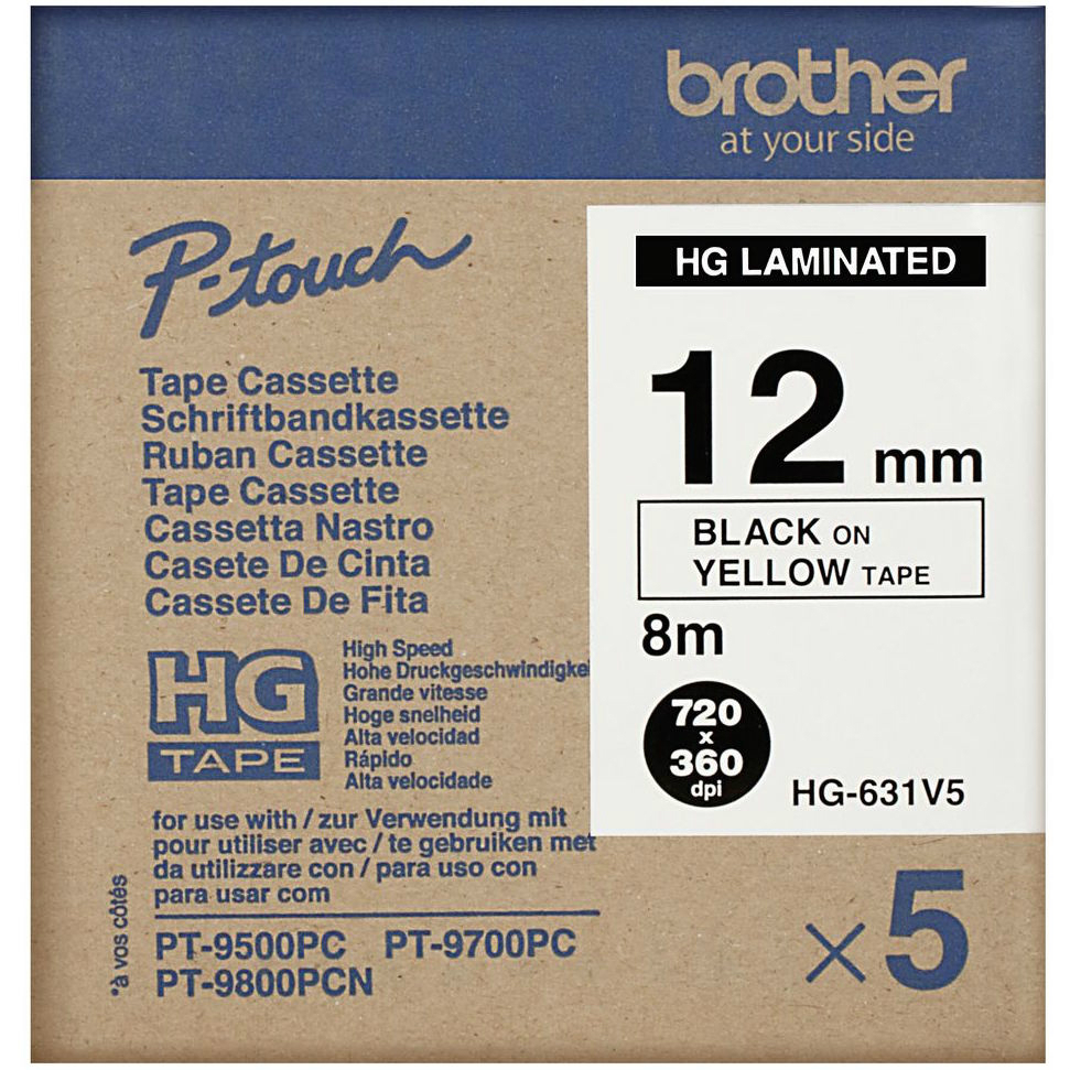 Original Brother HG-631V5 5-Pack Black On Yellow 12mm x 8m High Grade Laminated P-Touch Label Tape (HG631V5)