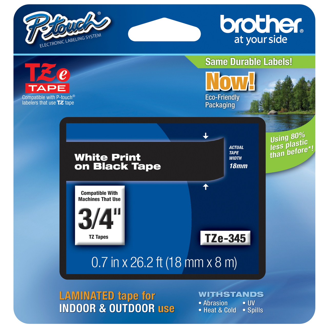 Original Brother TZe-345 White On Black 18mm x 8m Laminated P-Touch Label Tape (TZE345)