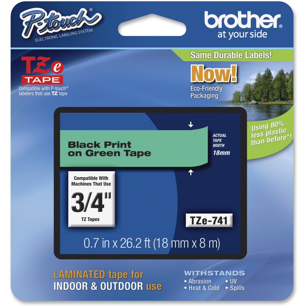 Original Brother TZe-741 Black On Green 18mm x 8m Laminated P-Touch Label Tape (TZE741)