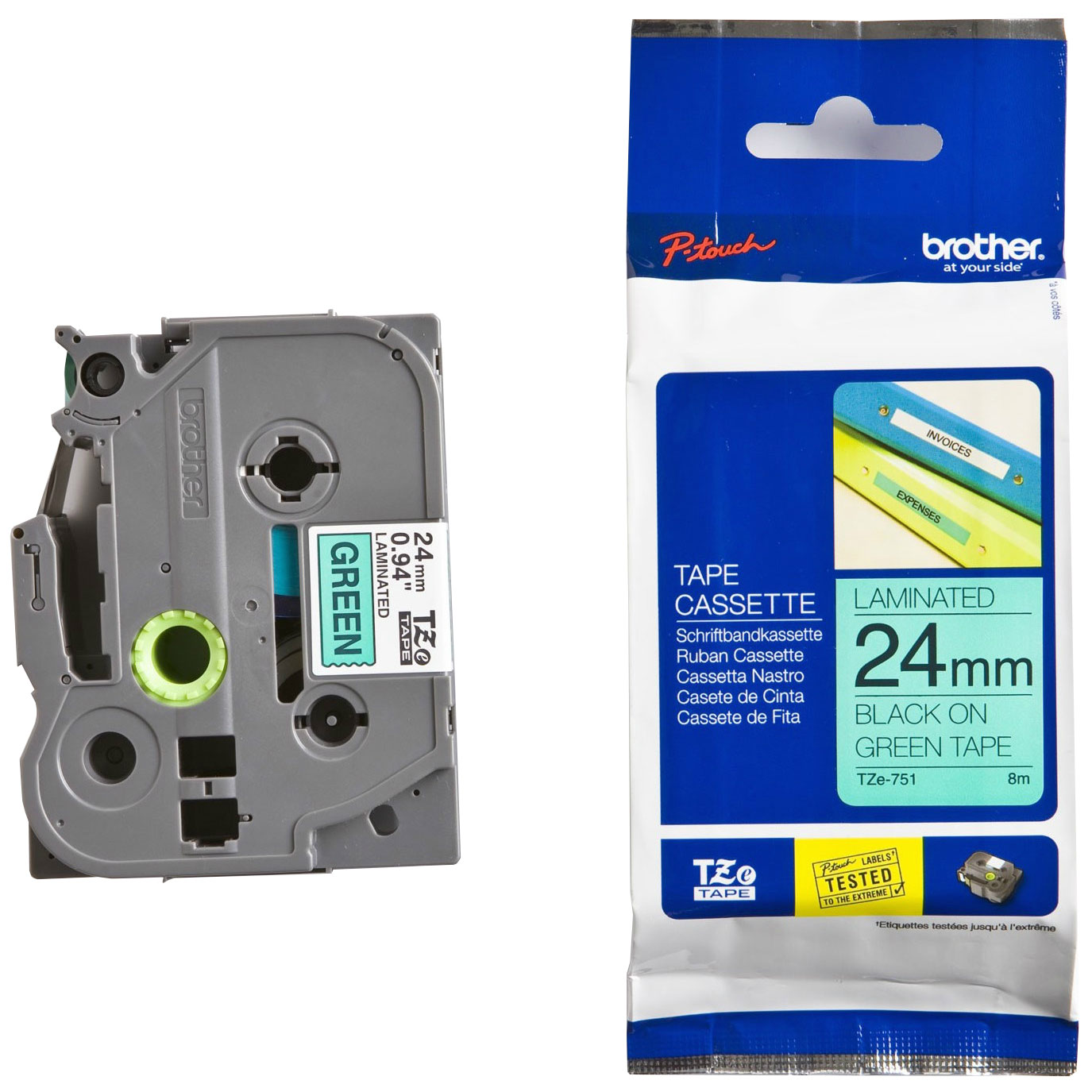 Original Brother TZe-751 Black On Green 24mm x 8m Laminated P-Touch Label Tape (TZE751)