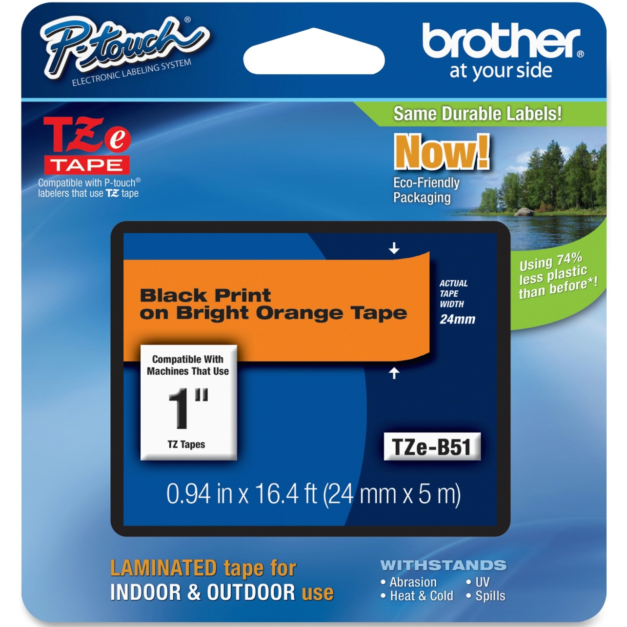 Original Brother TZe-B51 Black On Fluorescent Orange 24mm x 5m Laminated P-Touch Label Tape (TZEB51)